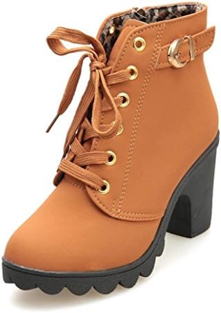 SNIDEL Women Ankle Martin Boots Lace Up Platform Chunky High Heels Zipper Autumn Booties with Buckle Straps Yellow 7.5 B (M) US
