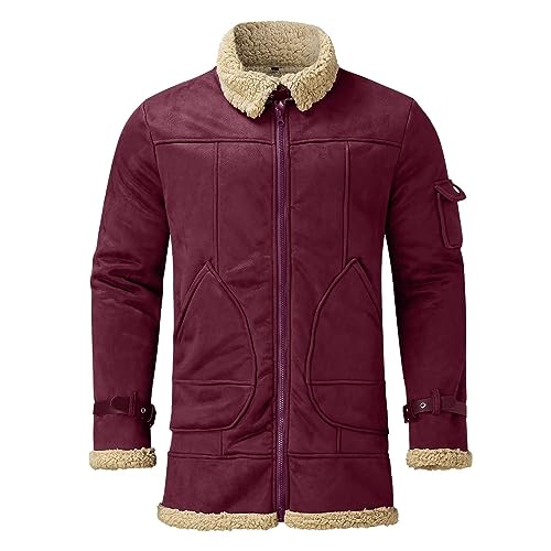 YSERB Shearling Coat Men Warm Fleece Lined Coat Aviator Shearling Sheepskin Leather Winter Jacket Lapel Work Cargo Jackets