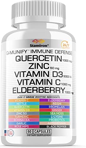 Stamiron Quercetin 1000mg Zinc 50mg Vitamin C 1000mg Supplement Immune Support Defense w Vit D3 5000IU Elderberry Echinacea Artemisinin Turmeric Ginger Quercitin Bromelain Garlic Nettle -USA Made 60ct