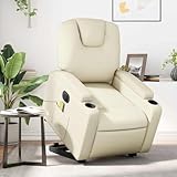 WEMYUFURN Elektrischer Massagesessel mit Aufstehhilfe in Creme Kunstleder, Relaxsessel mit elektrischer Liegefunktion bis 135 Grad und Vibrationsmassage über 6 Punkte, inklusive