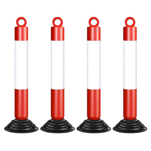 SRNSAEB Flexible Delineator Post Ground Mount with Base, 2 4 Pack Traffic Cone Divider Pole for Intersections/Construction Work/Motorway, Commercial Security Parking Bollards(White+Red,4 pcs)