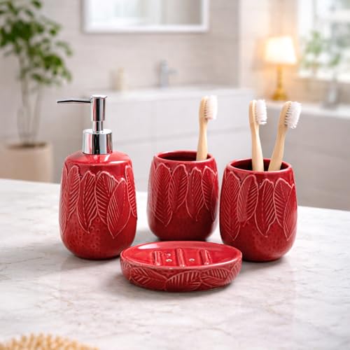 Image of MARKET 99 Ceramic Bathroom Set of 4 | Premium Ceramic Soap Dispenser, Toothbrush Holder, Tumbler & Soap Dish | Elegant Modern Bathroom Accessories for Wash Basin, Vanity Counter & Home Decor