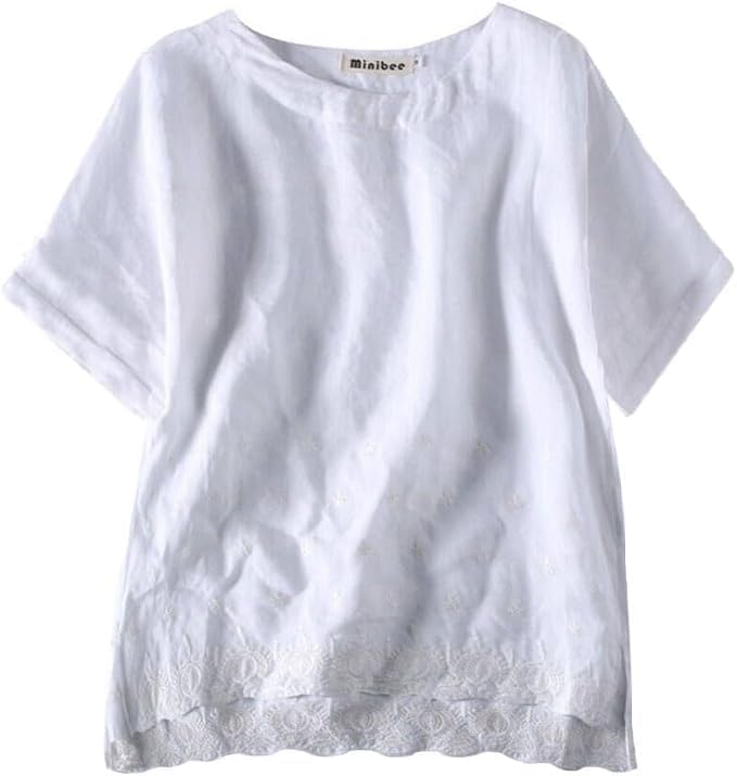 Minibee Women's Summer Linen Tunic Shirt High Low Hem Embroidery Blouse Top