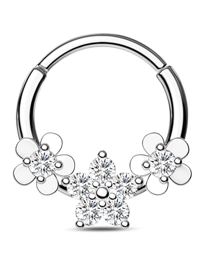 CM Crareesi Mania Piercing Septum Flores Anillo Daith 316L Acero Quirúrgico 16G Piercing Helix CZ Claro Plata Oro Anillo Daith Clicker 10mm Oreja Cartílago Joya para Mujeres, 16G10MM, Circonia cúbica