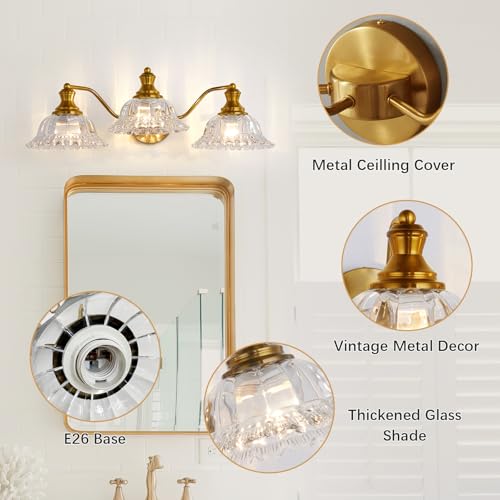 Vintage Bathroom Vanity Light Fixtures - 3 Light Antique Brass Bathroom Lights Fixture Over Mirror with Clear Flower Glass,Retro Brushed Gold Bronze Wall-Mounted Vanity Lighting for Powder Room by Luafac - Image 4