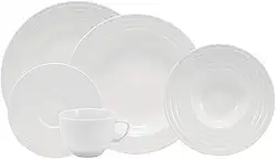 Serviço de Jantar e Chá 20 peças em Porcelana. Modelo Redondo com Relevo Arcos. Fabricado pela Schmidt.