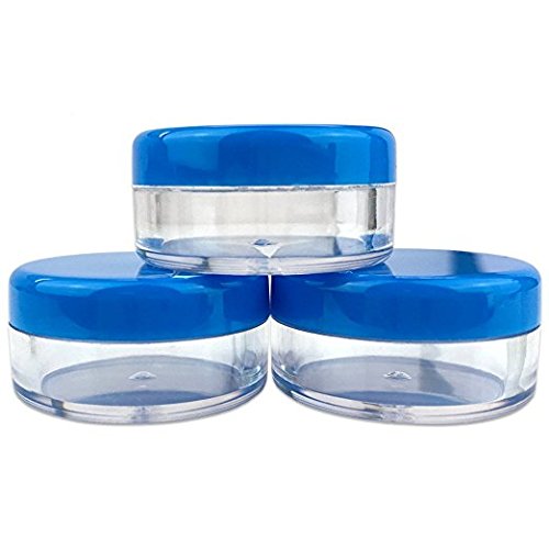 50 Empty 5 Grams Acrylic Clear Round Jars - BPA Free Containers for Cosmetic, Lotion, Cream, Makeup, Bead, Eye shadow, Rhinestone, Samples, Pot, Small Accessories 5g/5ml (BLUE LID)