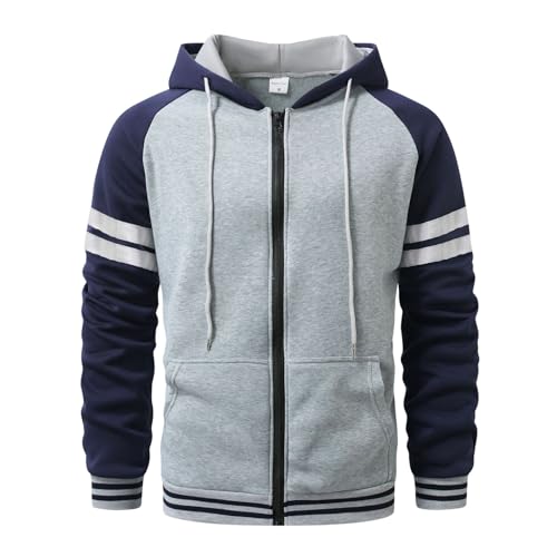 Men's Color Block Hoodie Full Zip Casual Slim Fit Jacket Striped Drawstring Hooded Sweatshirt With Pocket