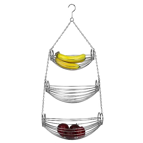 Home Basics 3-Tier Adjustable Chrome Heavy Duty Wire Hanging Fruit or Vegetable Kitchen Storage Baskets, Chrome Finish, Hammock Style