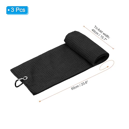 PATIKIL 24"x16" Tri-Fold Golf Towels, 3 Pack Waffle Pattern Towels Soft Fiber Strong Water Absorption with D Clip for Golf Lovers Black - Image 2