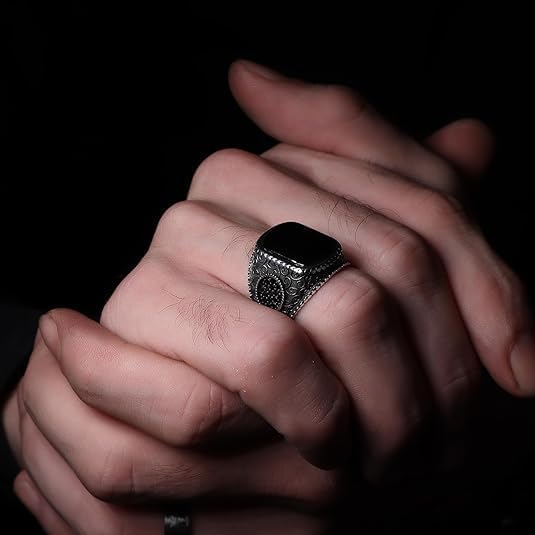 925 Sterling Silver Genuine Black Onyx Stone Mens Silver Ring with Micro Zircon Stones Silver Signet Ring for Men Handmade Engraved Silver Men Rings Sterling Silver Pinky Ring Gift for Men Gift for Dad4