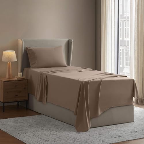 Image of Nestl Twin Bed Sheet Set - Taupe - 3-Piece Deep Pocket | Instantly Soft, Night-One Ready (No Wash Required). Fits 16-Inch Deep Pockets, 360-Degree Elastic Grip