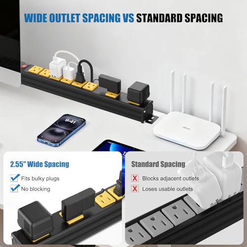 Image of 8 Outlet Wall Mount Metal Power Strip, 2 Extra-Wide (2.55IN) and 6 Standard Spaced Outlets, Flat Plug Extension Cord 6FT 14AWG with Switch, 15A 1875W ETL Listed for Garage, Workshop, Home