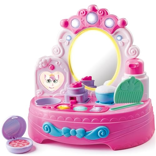 lalalark Toddler Vanity & Baby Vanity Mirror Toy, Interactive Pretend Vanity Set with 40+ Sounds and Music, Learn Musical Mirror Toy, Christmas Birthday Gift for 6 Months+ 1 2 3 Year Old Kids Girls