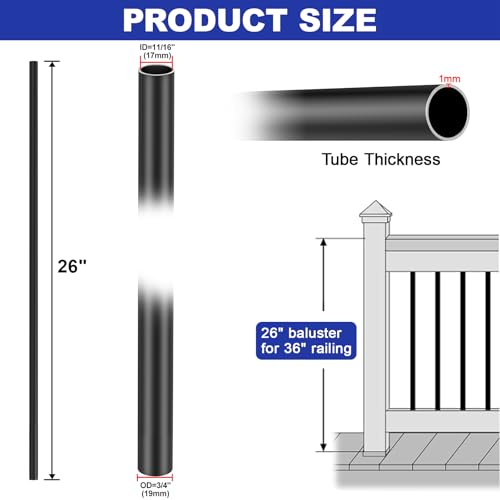BLIKA 50 Pack Aluminum Deck Balusters, 26\" X3/4\" Round Aluminum Balusters, Metal Deck Spindles Round Black Deck Balusters for Deck Railing Porch, Deck Railing Balusters Black Staircase Baluster