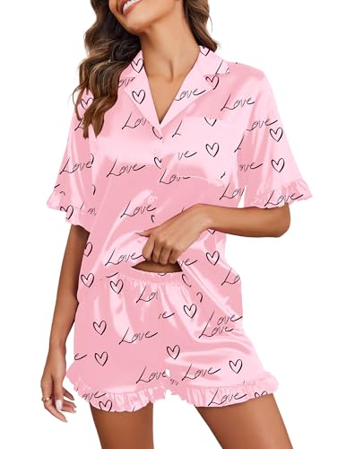 Image of Ekouaer Satin Pajama Set for Women 2 Piece Pj Sets Short Sleeve Sleepwear | Super Soft Silky Summer Loungewear Set with Ruffle Short Sleeve Top and Pocket Shorts, Casual Travel Daily Gift