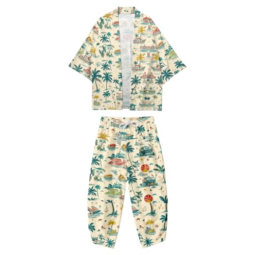Image of DOSLAVIDA Men's Japanese Kimono Jacket Set Stylish Open Front Coat With Shorts Chinese Style Printed Cardigan Suit