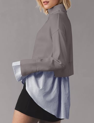 Image of Women Asymmetrical Patchwork Sweaters Slit Turtleneck Pullover Sweater Dress 2 in 1 Sweater Shirt Tunic Sweater Tops