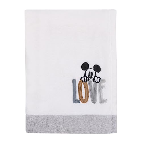 Image of NoJo Disney Mickey Mouse Love Mickey White, Gray, and Tan Love Applique Super Soft Baby Blanket