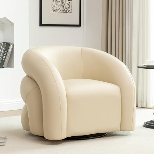 SEYNAR 34.6" W Swivel Accent Chair, Modern Round Faux Leather Armchair for Living Room,Upholstered Comfy Sofa Chairs for Bedroom Reading Apartment Lounge,Fully Assembled(Dark Apricot)