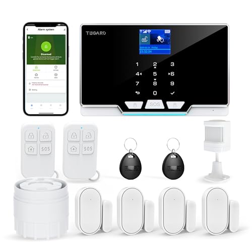 Alarm Security with Phone APP Alert,1.8" TFT Colorful Screen Smart Home Security System 12Pieces Kits,Monitor Sensor,Remote Controls,Compatible with Alexa and Assistant for Home Apartment Villa,Black