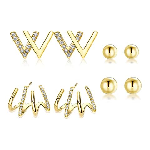 MOROYA 4 Pairs Gold Claw Huggie Hoop Earrings for Women Multiple Piercing Tiny Ball Studs Earrings Set 14K Gold Plated Cubic Zirconia Ear Cuffs Wrap Ear Jewelry Cover