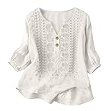Camisas Mujer Manga 3/4 Algodón y Lino Primavera Cuello en V Casual T-Shirt Vintage Bordado Camiseta de Mujer Casual Elegante Suelto Fiesta Tops T-Shirt Manga Corta para Vacaciones (White-BA, L)