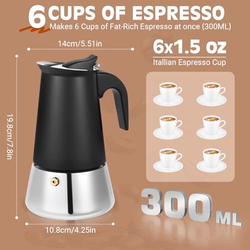 Image of Moka Pot, 6 Cups (10.6 oz) Stovetop Espresso Maker, 304 Stainless Steel Moka Pot, Induction Compatible, Black