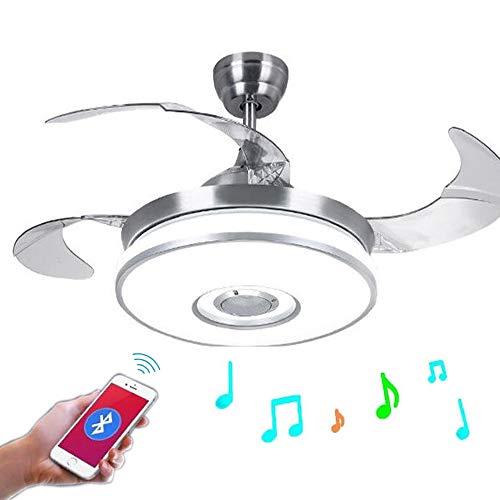Modern Ceiling Fan with LED Light and Remote, Retractable Blade Ceiling Fans Light with Bluetooth Music Speaker, 3 Speed 3 Color Lighting Silent Motor Ceiling Chandelier Fan 42 Inch