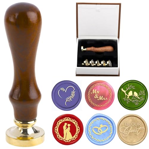 Pack of 6 Wedding Wax Seal Stamp – 6PCS Wedding Theme Wax Stamp Seal Heads and 1PCS Wooden Hilt for Invitations Prints Kit for Envelopes Letters Gifts Card Decorations