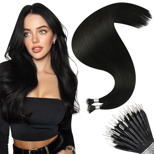 Image of Moresoo Nano Bead Hair Extensions Human Hair, Jet Black, 16 Inch | 50g 50 Strands, Cold Fusion Extensions, Comfortable Wear with Individual Strand Placement for Everyday Length Enhancement