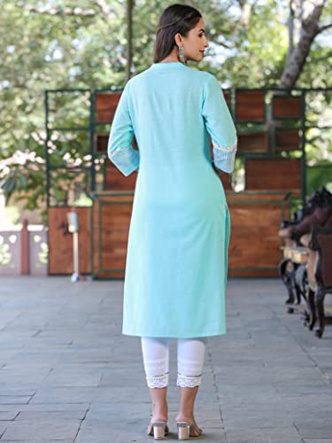 Image of Juniper Women's Pink Cotton Slub Embroidered Straight Kurta
