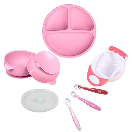 Baby Toddler Feeding Set - BPA Free Silicone Plates Bowls Spoons (Pink)