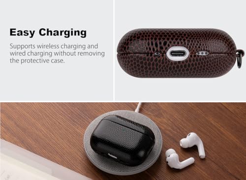 Image of Haobobro Handmade Case - for AirPods Pro 3 Case Cover with Keychain - Selected Vegan Leather, Lizard Skin Texture, Drop Protection Hard Shell Cover for AirPods Pro 3rd Generation Earbuds - Coffee