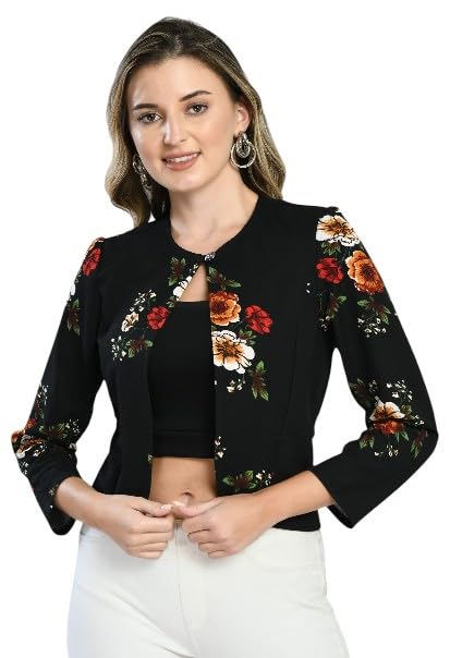 Women Black Floral Printed Cropped Open-Front Shrug