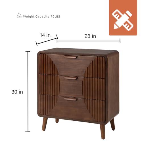 Image of HOMPUS 3-Drawer End Table, Brown 3 Drawer Nightatsand, Mid Century Wooden Bedside Table, Modern Nightstand with Vertical Stripe Pattern, Accent End Table for Living Room, Hallway, Entryway