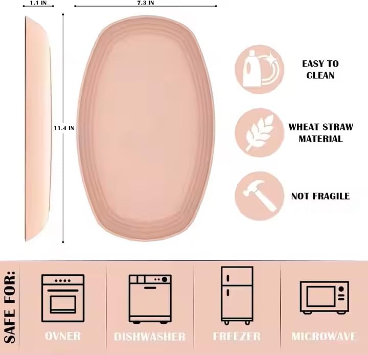 Image of Eco- Friendly Reusable Lightweight Microwave Safe Unbreakable Wheat Straw Oval Shape Plate Set,Vegetable Plate,Serving Snack Dish Set Used in Restaurant,Home,Picnic Camping (Pack of 4)