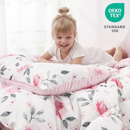 Image of PHF 4 Piece Toddler Bedding Set, Ultra Soft Toddler Comforter Sets Include Comforter, Fitted Sheet, Flat Top Sheet and Pillowcase for Girls, Floral Bed in A Bag for Baby Bedroom, Floral