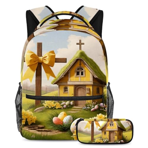 Sac à dos et trousse maison de Pâques jaune pour école et loisirs ados