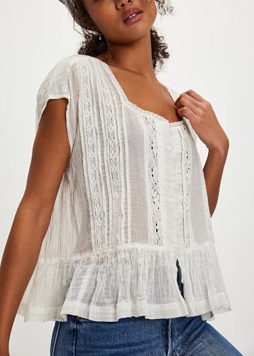 Women Lace Flowy Peplum Tops Boho Bow Tie Front Western Shirts Beach Sheer Ruffle Trim Short Sleeve Peasant Blouse2