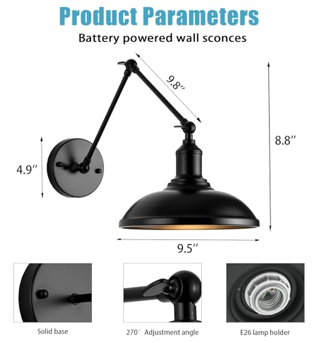 Image of Black Wireless Battery Operated Wall sconces 9.5 inch, Wall sconces Set of Two Battery Powered Wall Sconce with Remote Control, Adjustable Black Wall Sconce for Bedroom Hallway Living Room