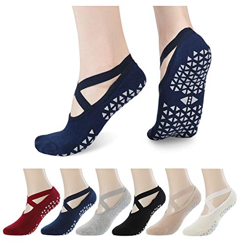 6 Pairs Yoga Socks for Women Non-Slip Grips Anti-Skid Pilates, Barre, Bikram Fitness Socks Size 5-10 (D-6pair(2Black+2Grey+1Dblue+1Wred), one size)