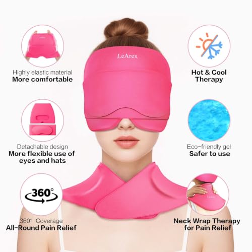 Image of 3 in 1 Migraine Relief Cap Neck Ice Pack Wrap Gel and Ice Eye Masks, Detachable Ice Caps with Eyes Masks, Hot and Cold Therapy for Relief of Headaches, Stiff Neck and Eye Fatigue (Rose red)