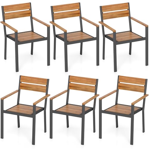 Wooden Outdoor Dining Set for 6: Stylish, Durable Patio Furniture Choices 1 Tangkula Acacia Wood Patio Chairs Set of 6, Outdoor Stackable Dining Chairs with Slatted Seats and Metal Frame, 400 lbs Capacity, Patio Wooden Armchairs for Deck, Garden and Backyard (Brown)