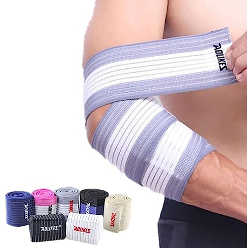 FANOLO エルボーラップ ウエイトリフティング用 (1ペア)、35インチ 伸縮性肘サポート & 圧縮 パワーリフティング フィットネス クロストレーニング ジムワークアウト - ウェイトリフティング用エルボーストラップ (ホワイトグレー)