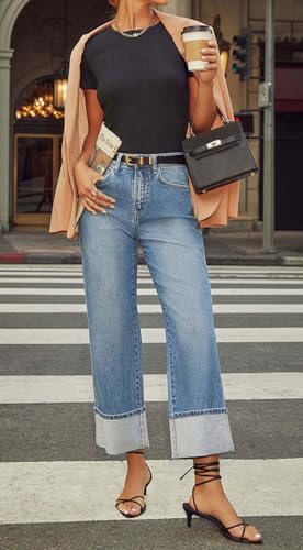 CHARTOU Wide Leg Cropped Jeans for Women High Waist Boyfriends Rolled Up Cuffed Denim Pants2