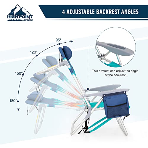 High Point Sports Backpack Folding Beach Chairs Set Of 2, Lightweight Portable Reclining Beach Chair Support 250Lbs, Camping Chairs With 4 Position For Adults, Blue #TOP3