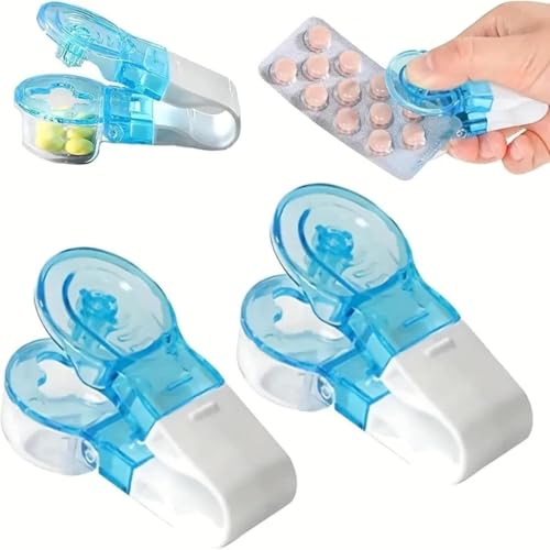 Lot de 2 piluliers portables bleus - Ouvre-blister, sans contact, facile à retirer - Distributeur de comprimés de voyage - Outil d'extraction de pilules