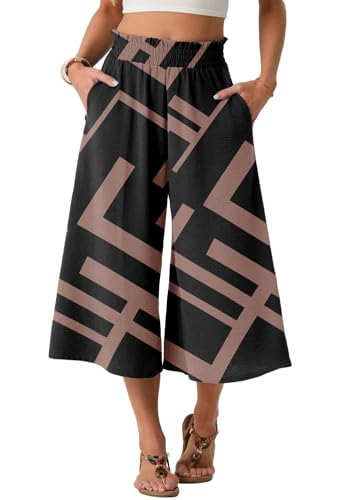 PrinStory Sommerhose Damen Leicht Hohe Taille Culotte Sommer Lässige Palazzo Hose Weite Bein Hose Mit Taschens Caprihose (Schwarzes Rechteck L)