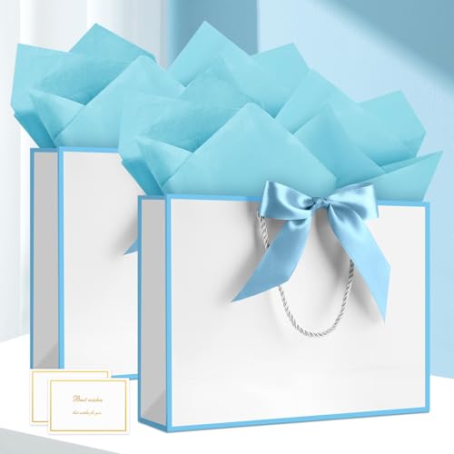 Image of JMANNI Gift Bags with Handles, 13 inch Medium Gift Bag for Presents, 1 Pcs Bags with 2 Tissue Paper and 1 Cards for Baby Shower Wedding Bridal Shower Mother's Day Birthday Party (White-Blue